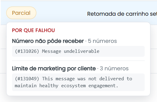 Balão com o motivo da falha ao passar o mouse na situação da campanha