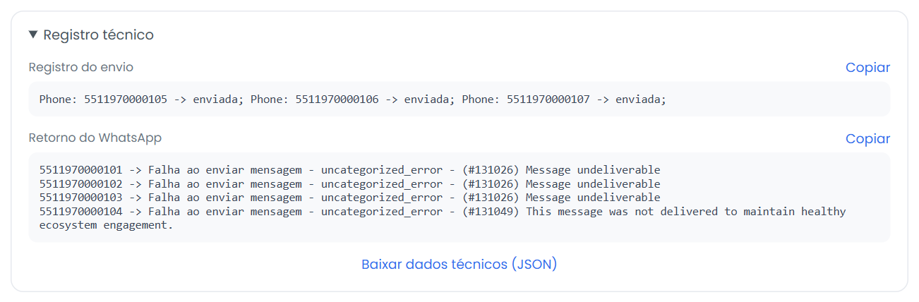 Registro técnico aberto com o registro do envio e o retorno do WhatsApp
