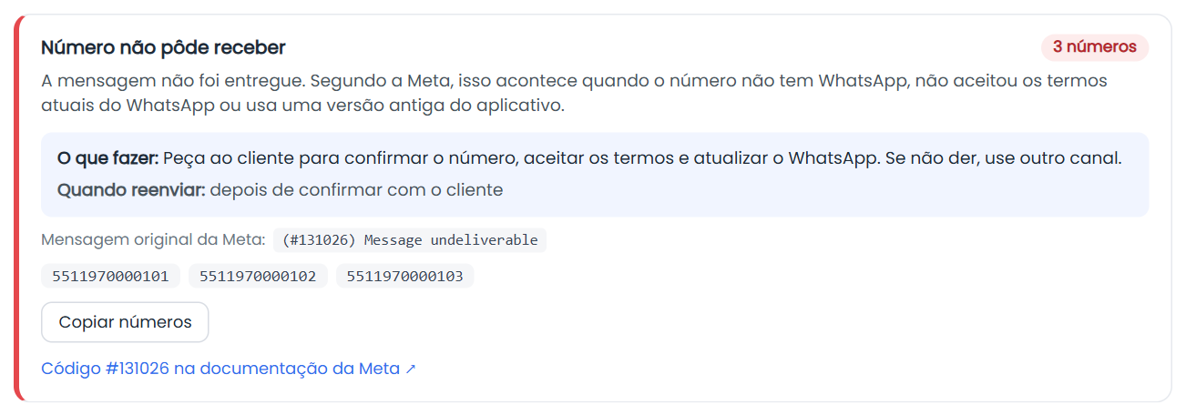 Quadro de um motivo de falha com a explicação, o que fazer, quando reenviar e os números