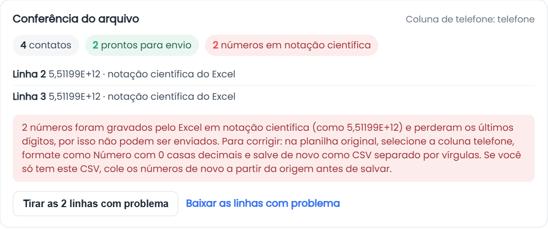 Conferência do arquivo apontando telefones gravados pelo Excel em notação científica