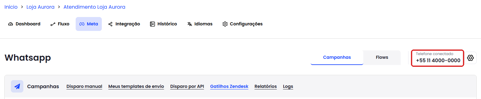 Aba Meta com o número em Telefone conectado