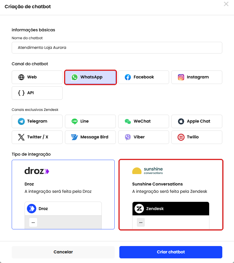 Criação de chatbot com o canal WhatsApp e a integração Sunshine Conversations escolhidos