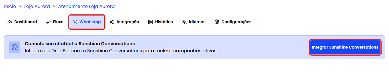 Aba Whatsapp do bot com o botão Integrar Sunshine Conversations