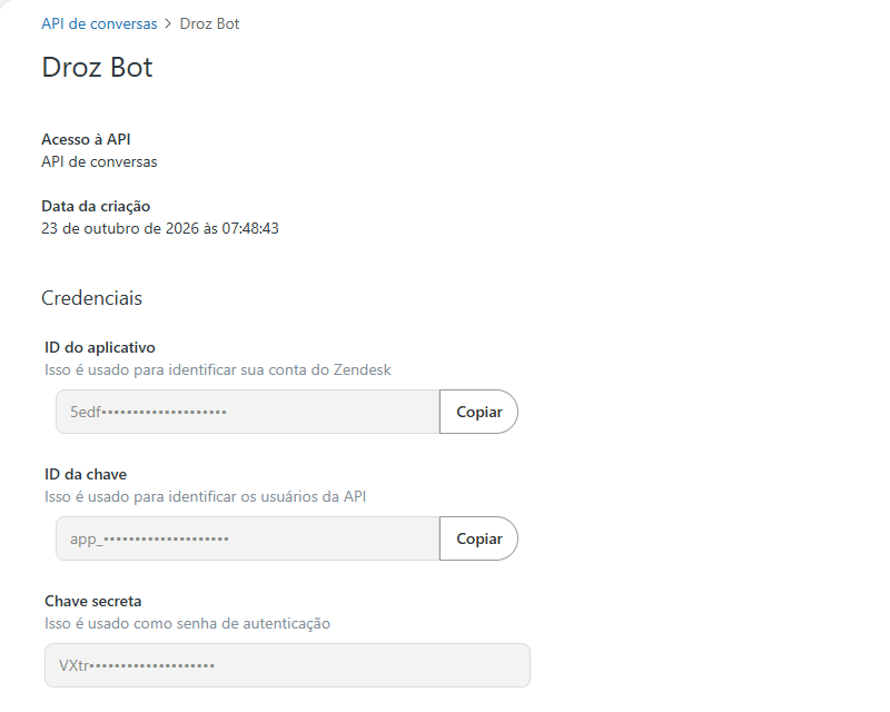 Credenciais da chave na API de conversas do Zendesk