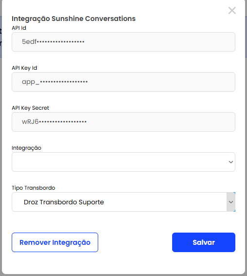 Janela Integração Sunshine Conversations depois do Buscar, com Integração e Tipo Transbordo