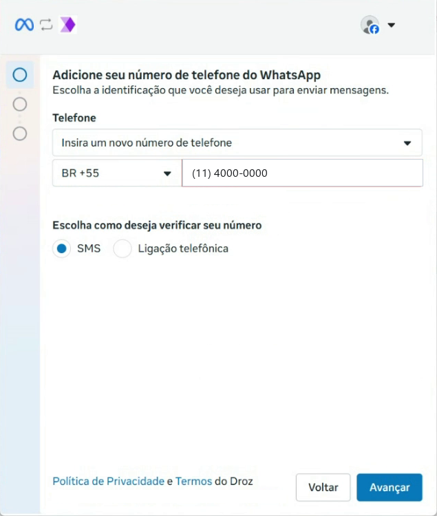 Janela da Meta: Adicione seu número de telefone do WhatsApp