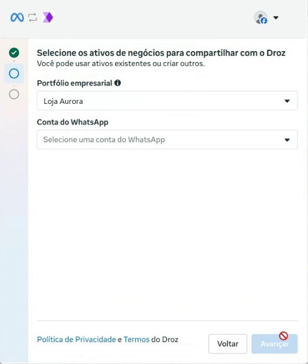 Janela da Meta: Selecione os ativos de negócios para compartilhar com o Droz