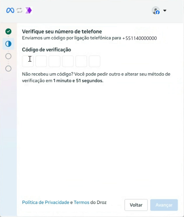 Janela da Meta: Verifique seu número de telefone
