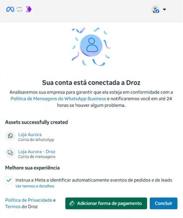 Janela da Meta: Sua conta está conectada a Droz