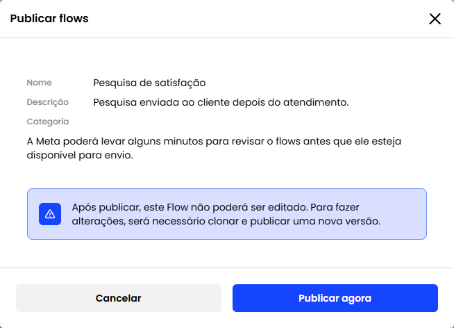 Janela Publicar flows com o resumo e os avisos