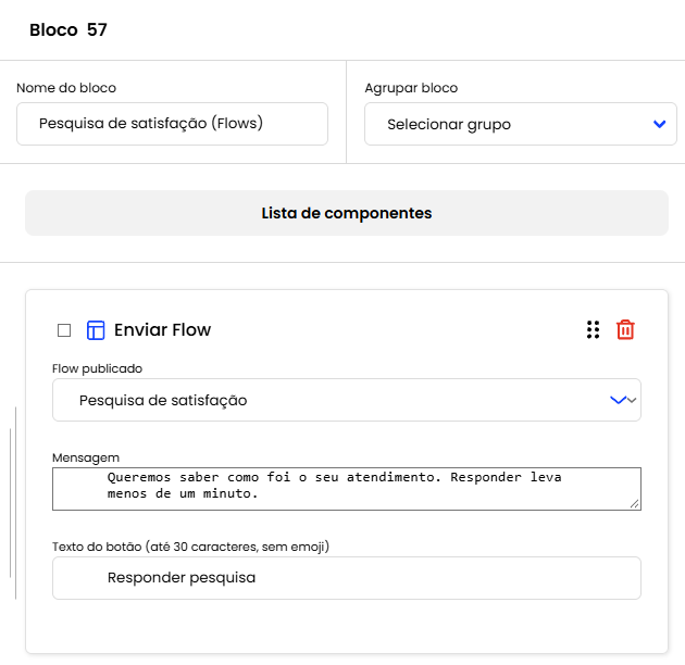 Componente Enviar Flow com o Flow, a mensagem e o texto do botão