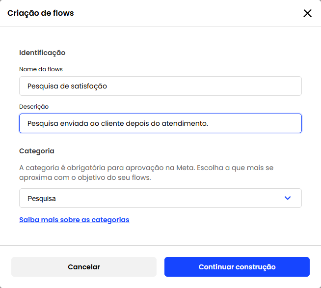 Janela Criação de flows com nome, descrição e categoria