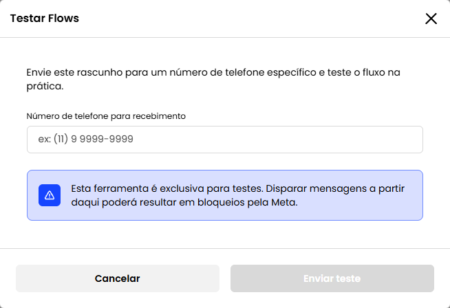 Janela Testar Flow com o número de telefone para recebimento