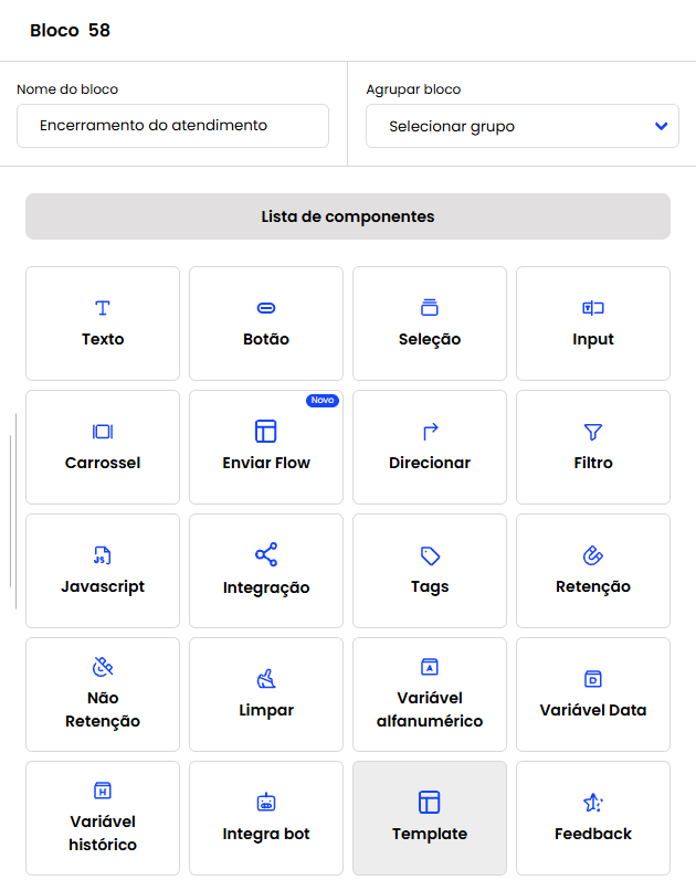 Lista de componentes do bloco com o Enviar Flow