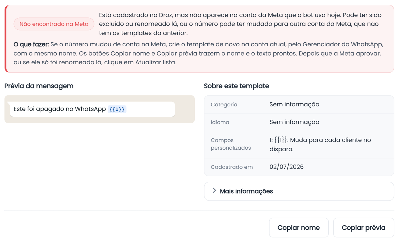 Detalhe de um template não encontrado na Meta, com o que fazer e os botões Copiar nome e Copiar prévia