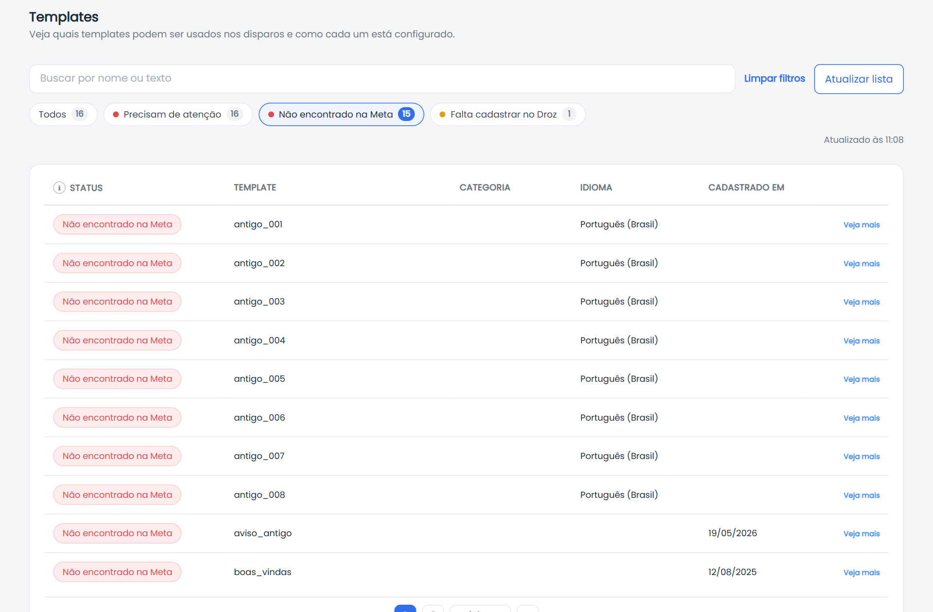 Aba Templates filtrada pela etiqueta Não encontrado na Meta